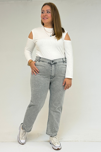 59044 Büyük Beden Paçası Taş Detaylı Boru Paça Kot Pantolon - Kar Yıkama Gri