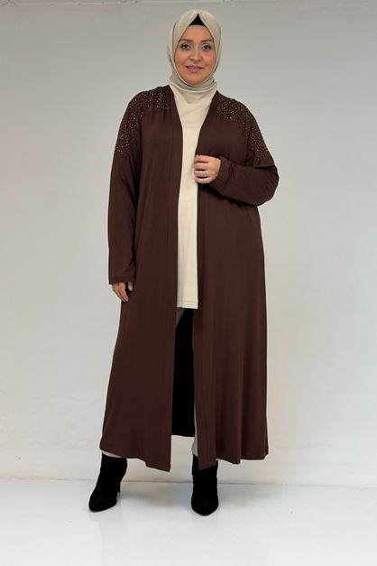 53069 Büyük Beden Omzu Taş Detaylı Penye Tunik - Kahve