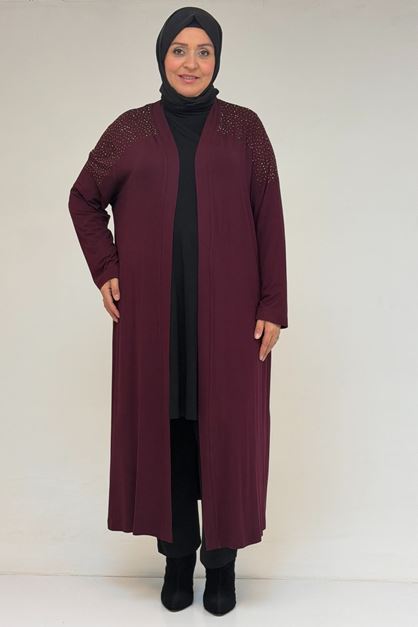 53069 Büyük Beden Omzu Taş Detaylı Penye Tunik - Bordo
