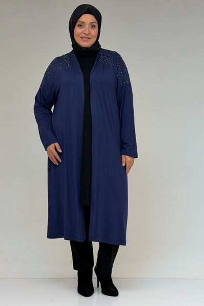 53069 Büyük Beden Omzu Taş Detaylı Penye Tunik - İndigo