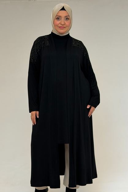 53069 Büyük Beden Omzu Taş Detaylı Penye Tunik - Siyah