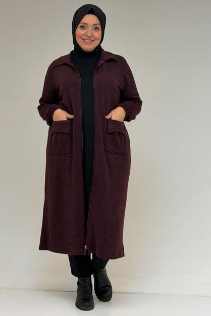 53064 Büyük Beden Fermuarlı Detaylı Mir Ceket - Mürdüm