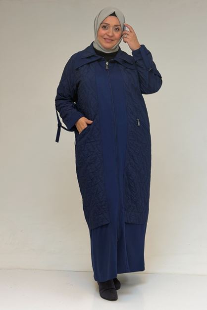 46018 Büyük Beden Fermuar Cepli Modal-Kapitone Kaban - İndigo-İndigo