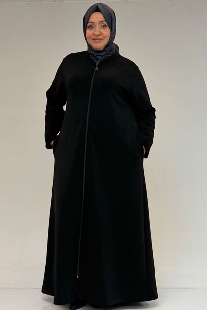 56020 Büyük Beden Boydan Fermuarlı Çelik Ferace - Siyah