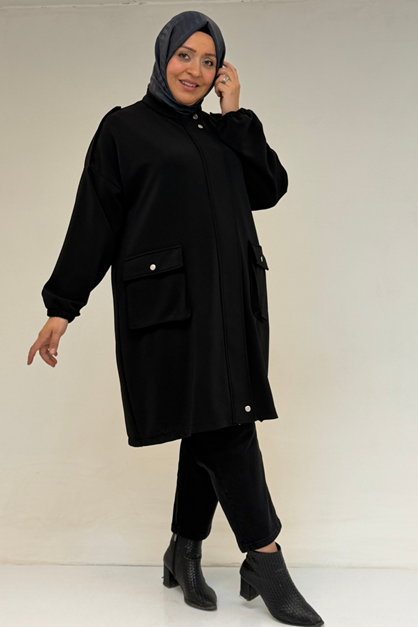 53056 Büyük Beden Hakim Yakalı Cepli Çelik Kap - Siyah