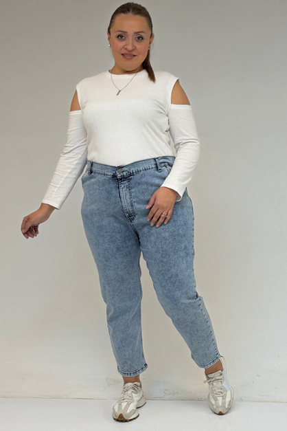 9125-6 Büyük Beden Boy Friend Kot Pantolon -Buz Mavi
