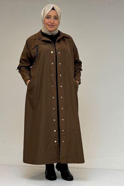 53062 Büyük Beden Sahte Cep Detaylı Bondit Trençkot - Kahve