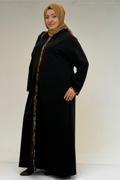 56021 Büyük Beden Boydan Fermuarlı Taş Detaylı Çelik Ferace - Siyah