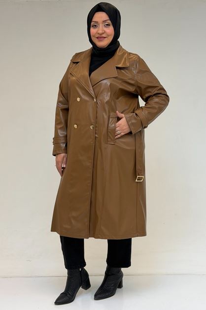 53073 Büyük Beden Kemerli Deri Trençkot - Sütlü Kahve