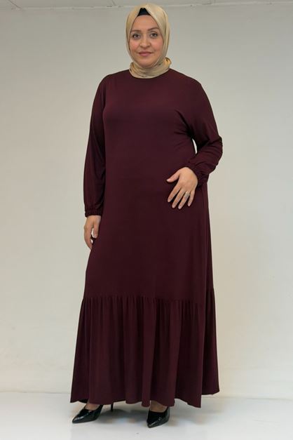 52034 Büyük Beden Eteği Fırfrılı Penye Elbise - Bordo