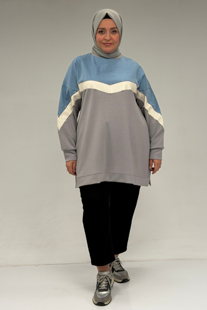 58084 Büyük Beden Parçalı Taş Detaylı Modal Tunik - Gri