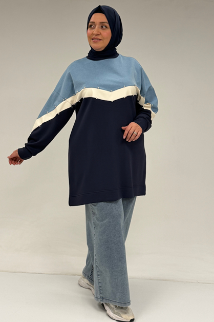 58084 Büyük Beden Parçalı Taş Detaylı Modal Tunik - Lacivert