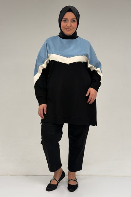 58084 Büyük Beden Parçalı Taş Detaylı Modal Tunik - Siyah