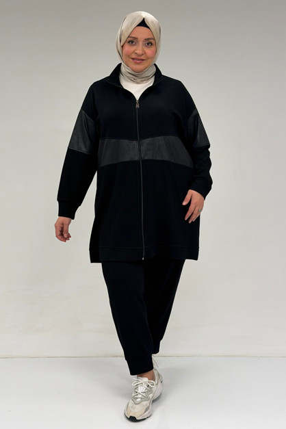 47098 Büyük Beden Waterport Garnili Modal Pantolonlu Takım - Siyah