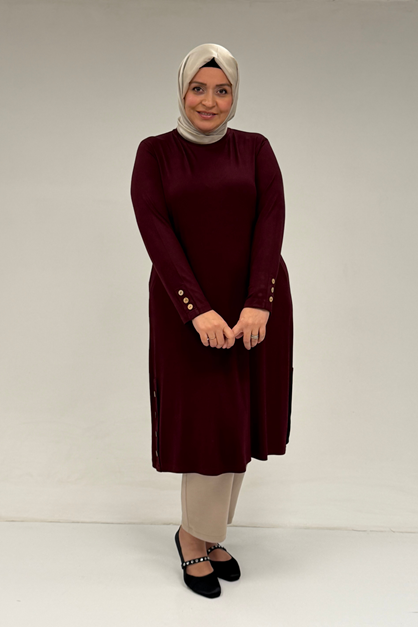 38015  Büyük Beden Düğme Detaylı Penye Tunik - Bordo