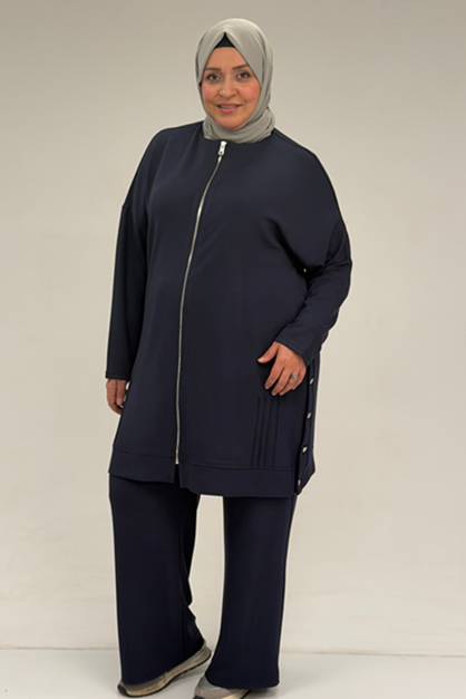 D-47090 Büyük Beden Pile Detaylı Modal Pantolonlu Takım - Lacivert