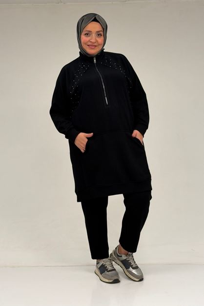 47088 Büyük Beden Omzu Taş Detaylı Pantolonlu Takım - Siyah