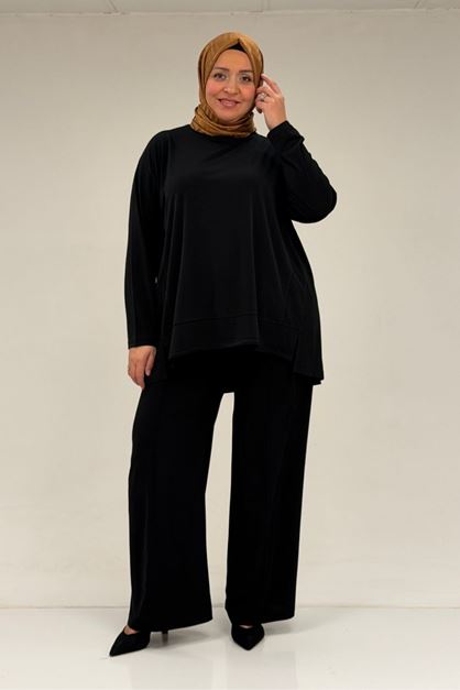67033 Büyük Beden  Etek Ucu Parçalı Sandy Pantolonlu Takım - Siyah