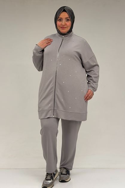 47070 Büyük Beden Önü Taş Detaylı Modal Pantolonlu Takım - Gri