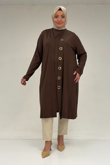 67032 Büyük Beden Kuşgözü Detaylı Penye İkili Takım - Kahve