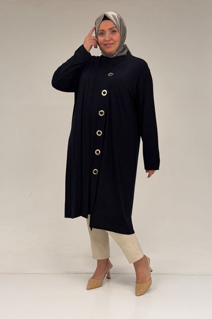 67032 Büyük Beden Kuşgözü Detaylı Penye İkili Takım - Lacivert