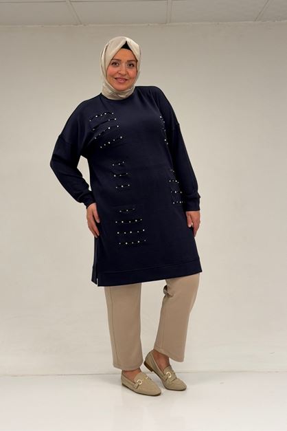 48089 Büyük Beden Beyoğlu Taşlı Modal Tunik - Lacivert