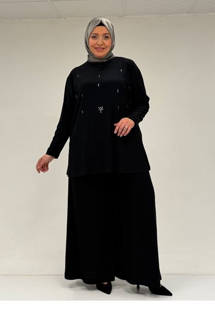 67030 Büyük Beden Yanı Yırtmaçlı Sandy Pantolonlu Takım - Siyah