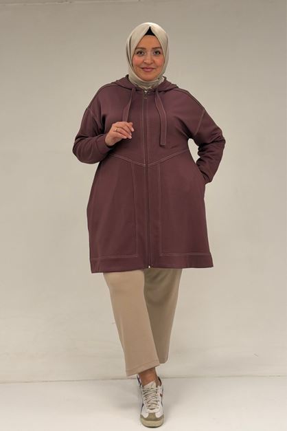 53075 Büyük Beden Dikiş Detaylı Fermuarlı Modal Ceket - Gül Kurusu