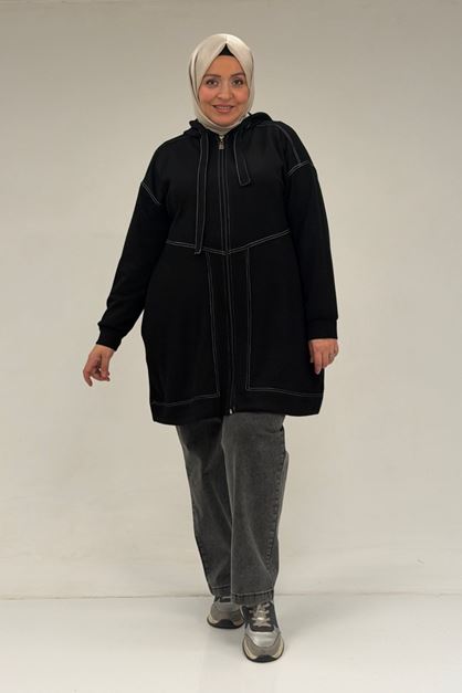 53075 Büyük Beden Dikiş Detaylı Fermuarlı Modal Ceket - Siyah
