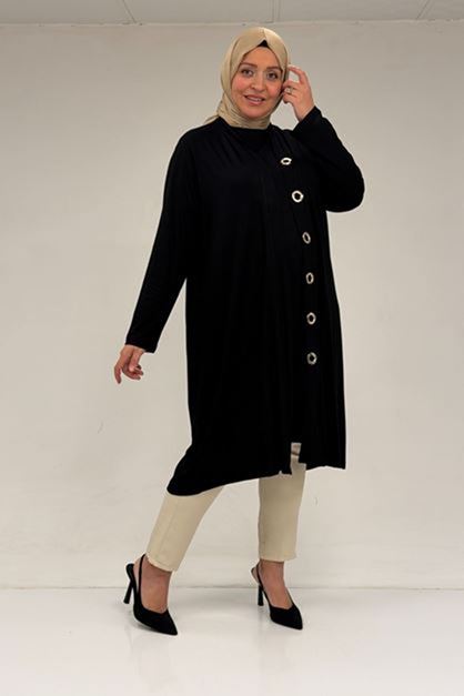 D-67032 Büyük Beden Kuşgözü Detaylı Penye İkili Takım - Siyah