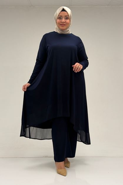 37017 Plus Size Sandy-Chiffon Trousers Suit-Navy Blue