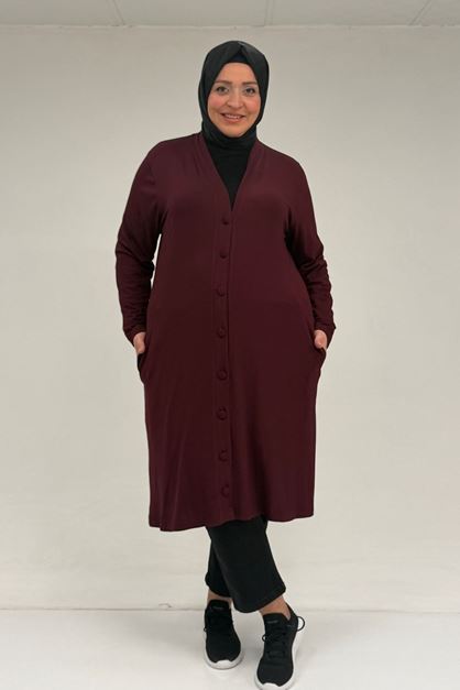 63005 Büyük Beden Kaplama Düğme Detaylı Penye Ceket - Bordo