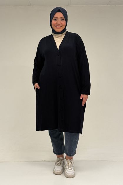 63005 Büyük Beden Kaplama Düğme Detaylı Penye Ceket - Lacivert