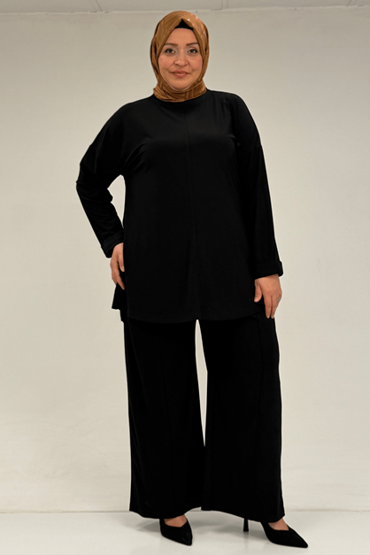 67001 Büyük Beden Kol Manşeti Duble Model Sandy Pantolonlu Takım - Siyah