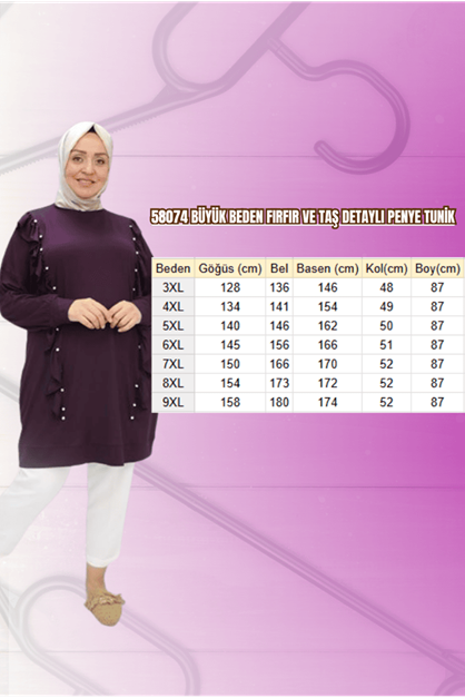 58074 Büyük Beden Fırfır Ve Taş Detaylı Penye Tunik - Siyah
