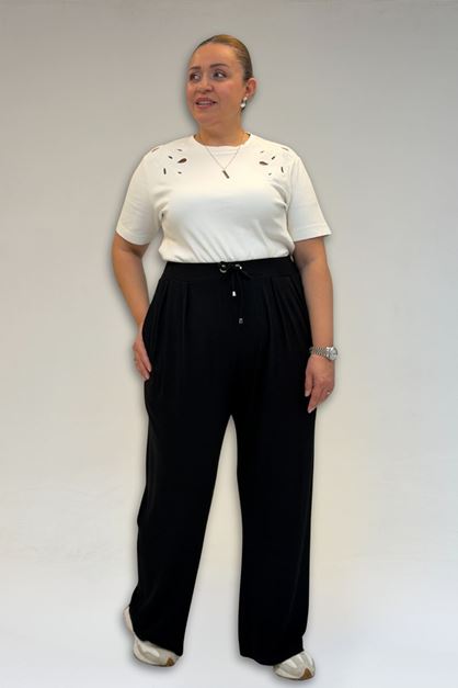 59002 Büyük Beden Pile Detaylı Penye Pantolon - Siyah