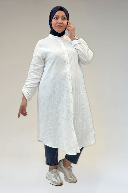 58092 Büyük Beden Çift Düğme Detaylı Müslin Gömlek - Ekru