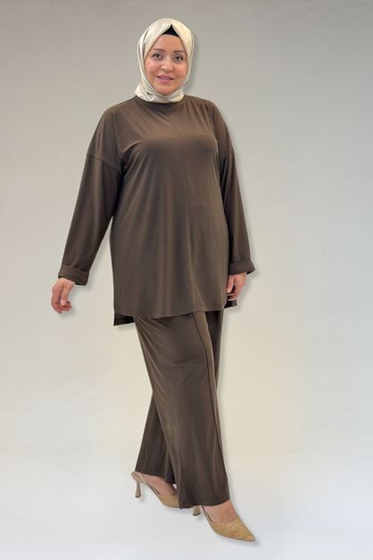 67001 Büyük Beden Kol Manşeti Duble Model Sandy Pantolonlu Takım - Kahve