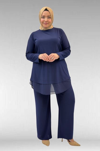 67009 Büyük Beden Etek Ucu Şifon Detaylı Sandy Pantolonlu Takım - Lacivert