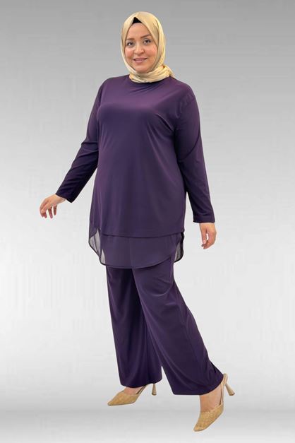 67009 Büyük Beden Etek Ucu Şifon Detaylı Sandy Pantolonlu Takım - Mor