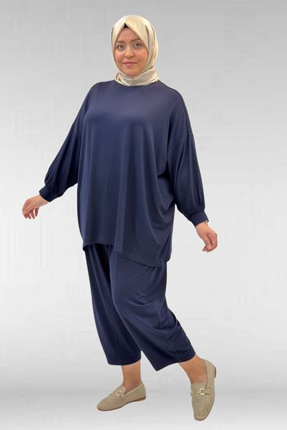 67037 Büyük Beden Düşük Kol Penye Pantolonlu Takım - Lacivert