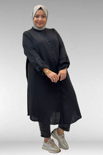 58092 Büyük Beden  Çift Düğme Detaylı Müslin Gömlek - Siyah