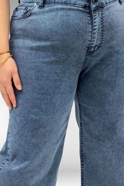 59037 Büyük Beden Önü Taşlı Bol Paça Kot Pantolon - Lacivert
