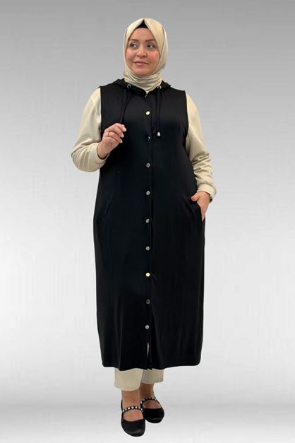 D-34001 Büyük Beden Çıtçıtlı Kapüşonlu Penye Yelek - Siyah