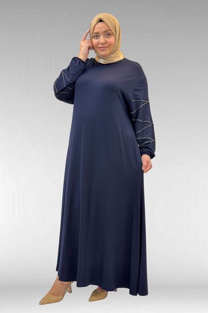 D-52021 Büyük Beden Çimalı Taş Detaylı Penye Elbise - Lacivert