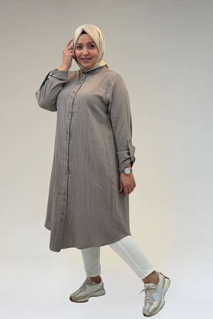 D-58092 Büyük Beden Çift Düğme Detaylı Müslin Gömlek - Vizon