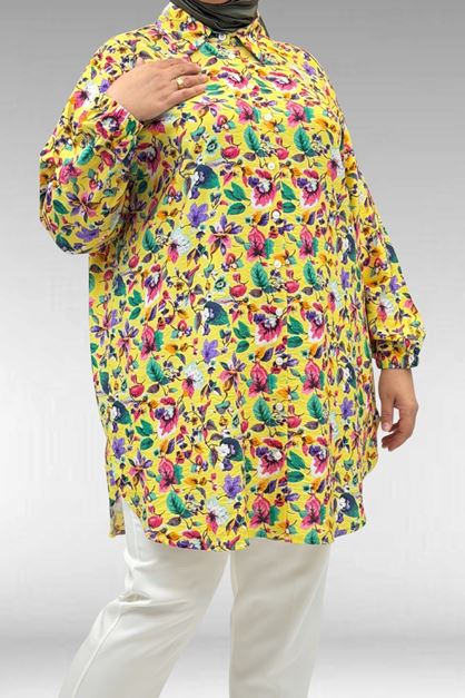 68010 Büyük Beden Yanları Yırtmaçlı Kolları Lastikli Mango Tunik - Desenli Sarı