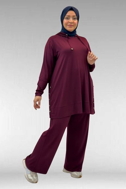67034 Büyük Beden Yanları Patlı Penye Pantolonlu Takım - Bordo