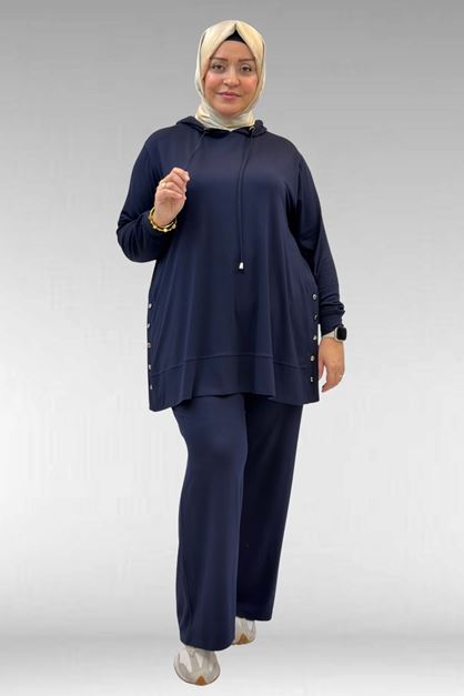 67034 Büyük Beden Yanları Patlı Penye Pantolonlu Takım - Lacivert