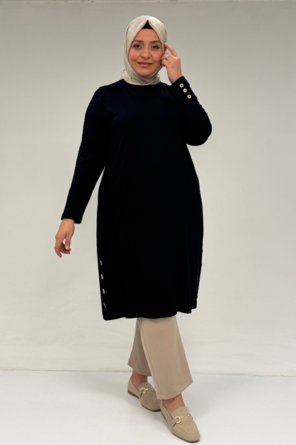 38015 Plus Size Button Detailed Combed Cotton Tunic - Navy blue